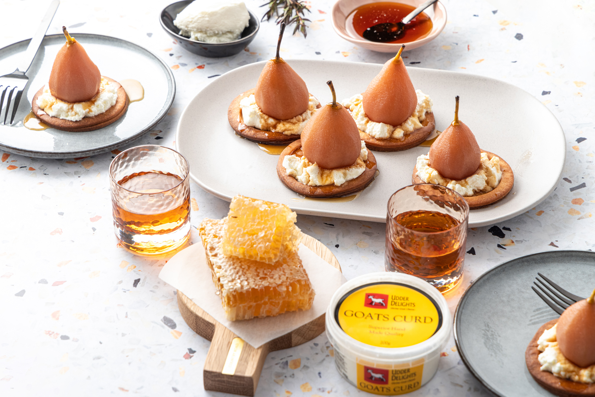 Poached Pear & Goats Curd Tart with Honey Liqueur Caramel
