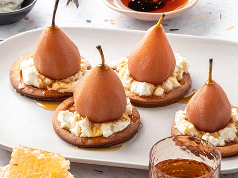Poached Pear & Goats Curd Tart with Honey Liqueur Caramel