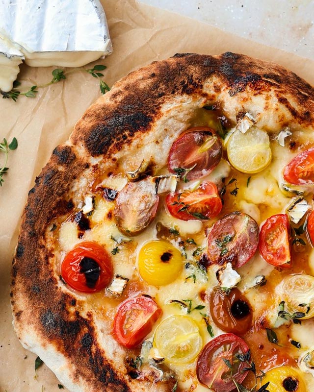 Pizza with Ash Brie, Cherry Tomatoes and Quince and Pear Paste