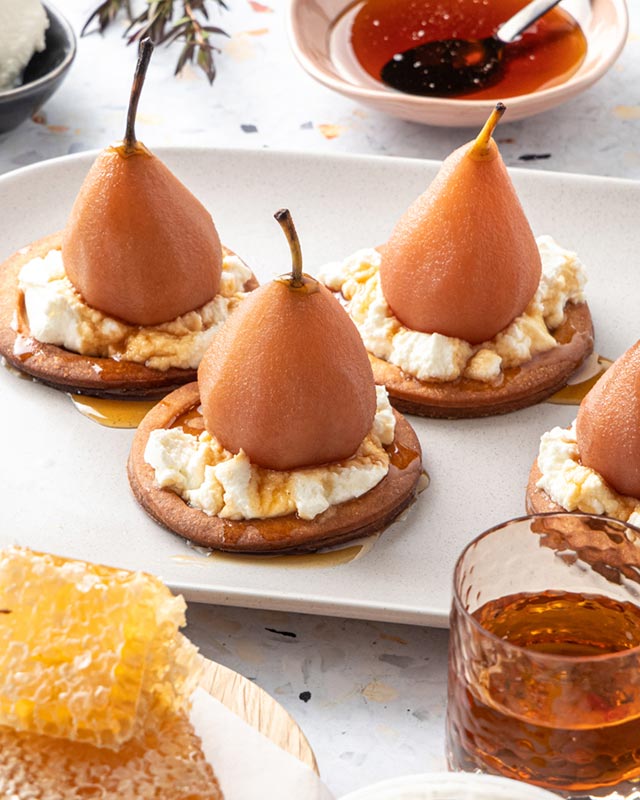 Poached Pear & Goats Curd Tart with Honey Liqueur Caramel