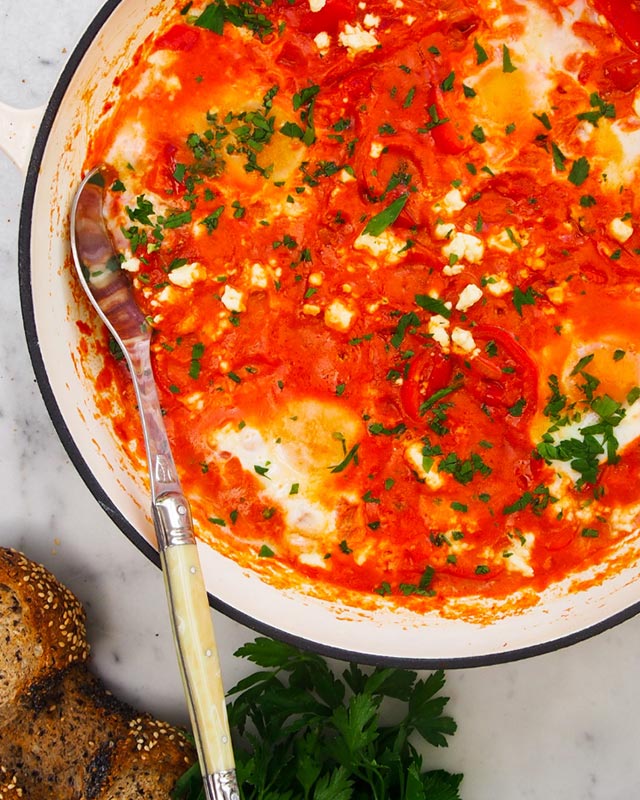 Shakshouka Baked Eggs with Chevre