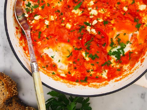 Shakshouka Baked Eggs with Chevre